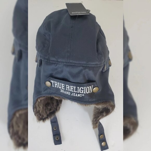 TRUE RELIGION FAUX FUR TRAPPER AVIATOR HAT STITCHED WITH PATCH ICONIC LOGO BLUE - Picture 3 of 6